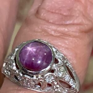 Estate Palladium Purple Star Sapphire And Diamond Ring Sz 8